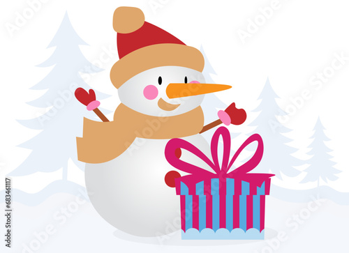 Christmas story time. Snowman and gift. Christmas and New Year vector composition.
