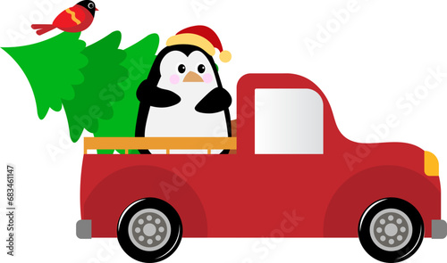 Christmas story time. The car is carrying a penguin and a Christmas tree. Christmas and New Year vector composition.