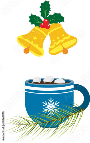 Christmas story time. Coffee with marshmallows next to a fir branch and bells. Christmas and New Year vector composition.