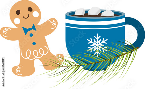 Christmas story time. Gingerbread man and a mug of coffee with marshmallows next to a fir branch. Christmas and New Year vector composition.