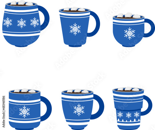 Christmas story time. Set of blue mugs with snowflakes and coffee with marshmallows. Christmas and New Year vector composition.