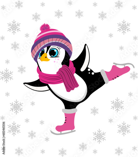 Christmas story time. Penguin in a hat and skates among snowflakes.. Christmas and New Year vector composition.