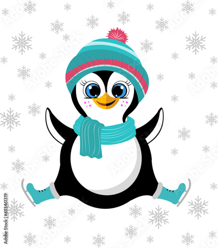 Christmas story time. Penguin on skates enjoys snowflakes. Christmas and New Year vector composition.