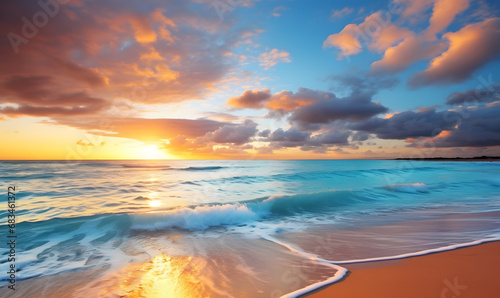 Sea sand sky concept  sunset colors clouds  horizon  horizontal background banner. Inspire nature landscape  beautiful colors  wonderful sun rays