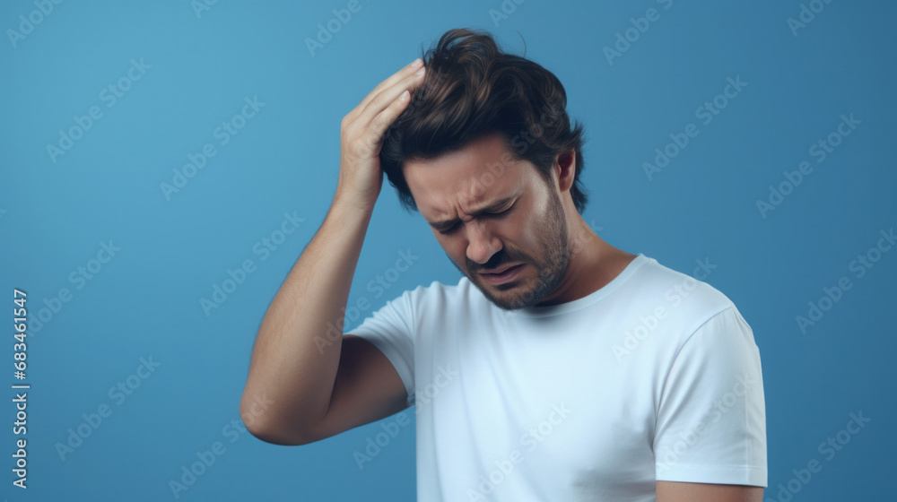 Distressed young man with hand in hair, expressing worry or headache, wearing a white shirt against a blue background Distressed young man with hand in hair, expressing worry or headache, wearing a white shirt against a blue background
