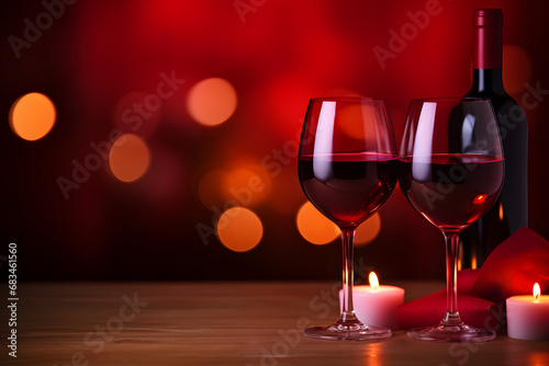 Romantic date for Valentine's Day for two lovers in a restaurant concept. Close-up photo of a pair glasses of red wine on a table against of candles and a blurry background with lights. photo