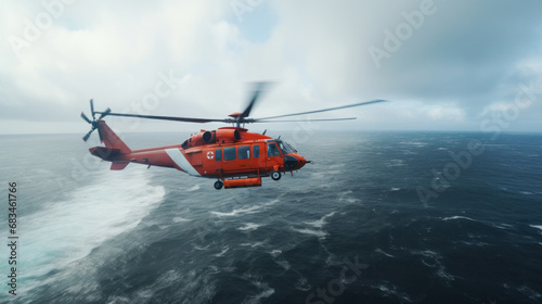 Search and rescue helicopter flying over stormy sea, showcasing courage and readiness