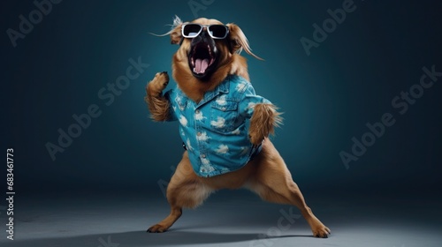 funny dog pug in clothes and sunglasses dancing in the studio on a black background photo