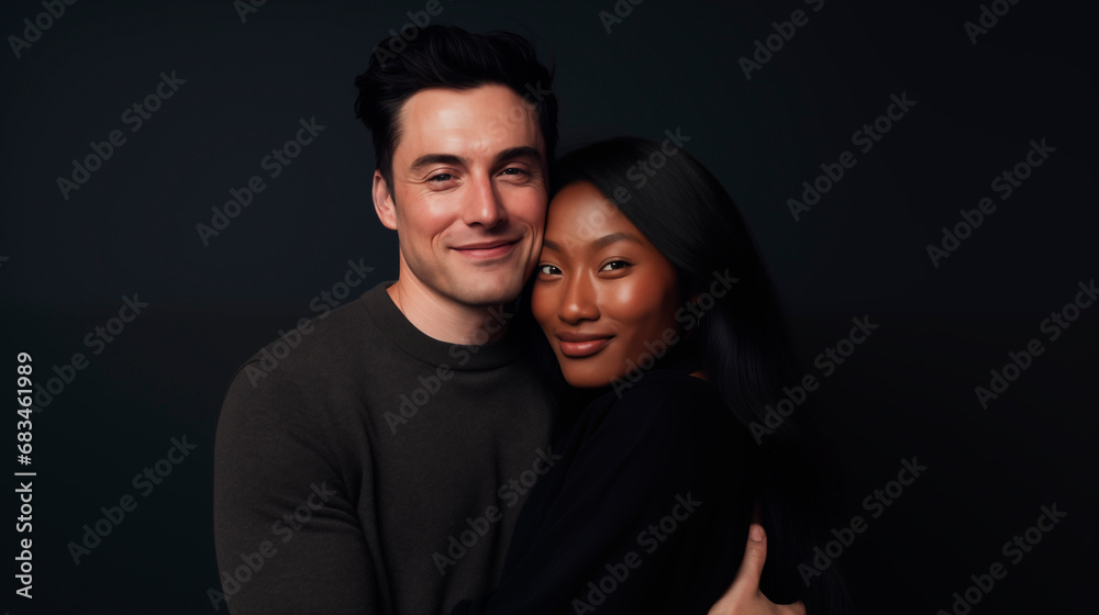 An international couple, an African-American woman and a European-looking man. Portrait of a happy interracial couple on a gray background. Love An international couple, an African-American woman and a European-looking man. Portrait of a happy interracial couple on a gray background. Love