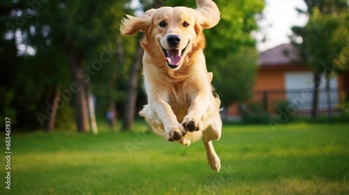 happy golden retriever jumping on the lawn at a sunny day