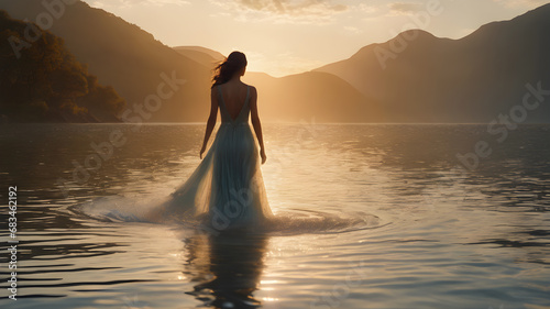 Young woman with white dress walk on water in lake at golden hour. Generative Ai