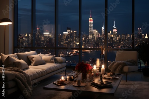 a modern luxury cozy comfortable apartment with the view of urban cityscape from glass walls