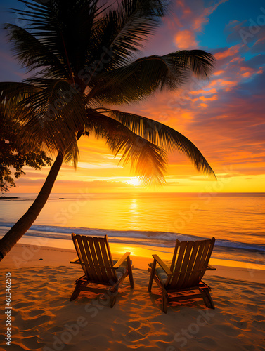 sunset on a tropical beach with lounging chairs side by side