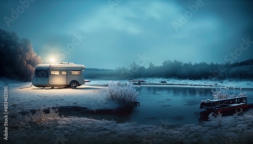mobile home on the shore of the lake with fishermen suitable as a background © Frantisek
