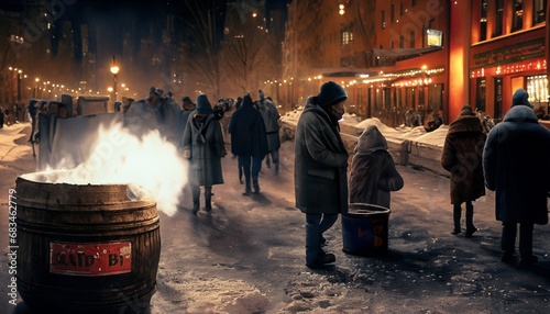 night winter street with homeless people warming themselves by the fire