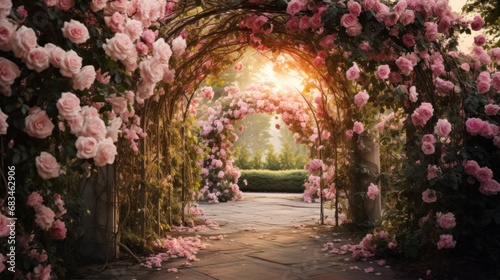 picturesque garden featuring a white trellis archway covered in blooming pink roses