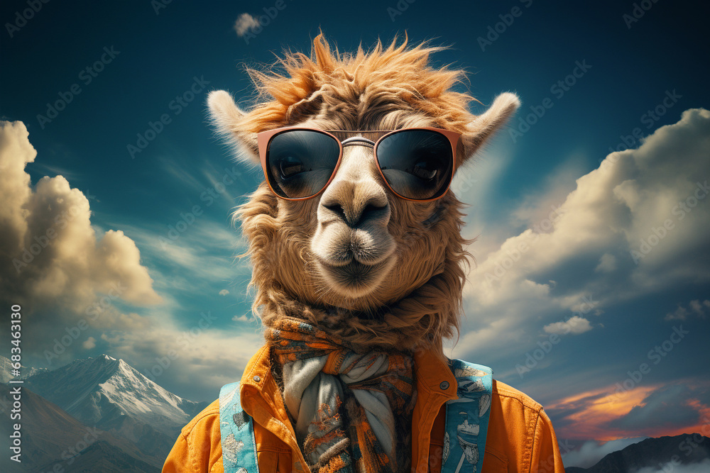 Alpaca or lama with sunglasses and jacket on a road in the mountains, travel and wanderlust concept, surreal animal character in south america