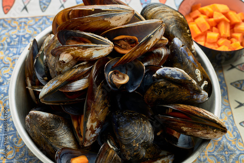 Mussels. Fountain with mussels is from the estuaries of Galicia, this region is one of the largest producers of mussels in the world. photo