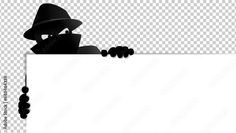 Animation loop of a criminal on the lookout looking to the left, to the right posted on the top left  corner of a white panel with transparency and alpha channel
