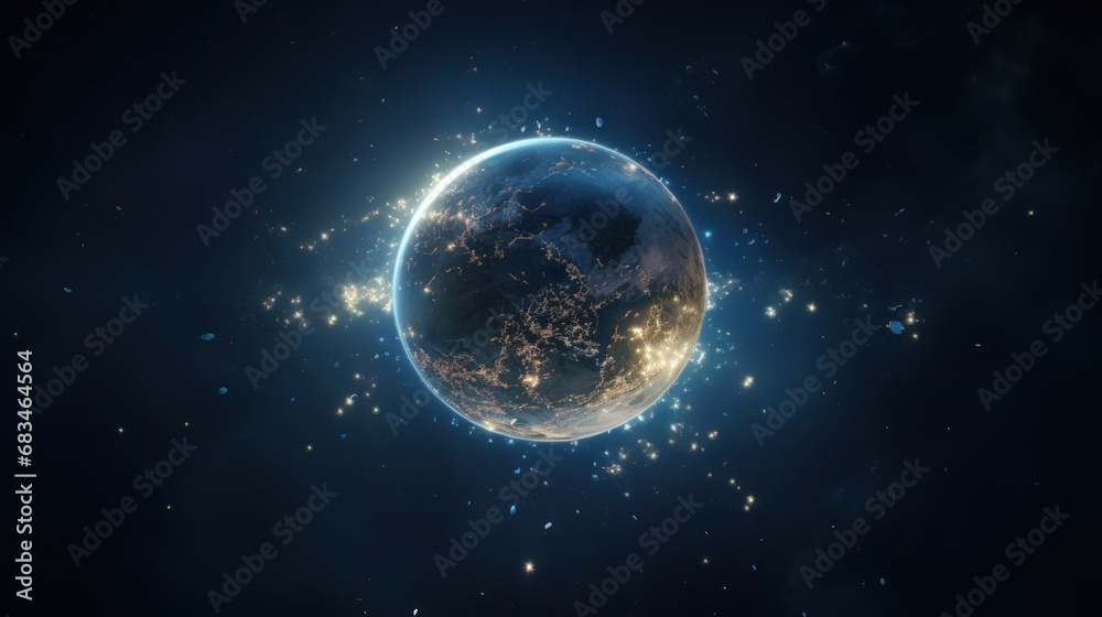  a view of the earth from space, with a lot of stars in the foreground and a lot of lights in the background.