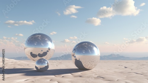  a couple of shiny balls sitting on top of a sandy beach next to a blue sky with clouds in the background. © Anna