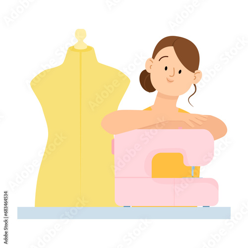 Woman seamstress sitting with sewing machine