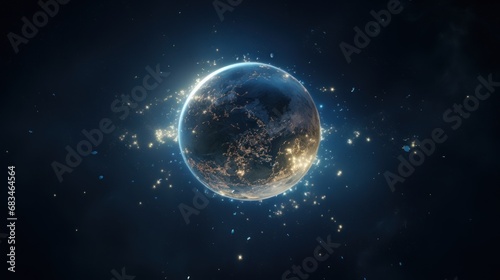  a view of the earth from space  with a lot of stars in the foreground and a lot of lights in the background.