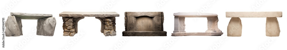 Stone altar - set of various stone altars - various models from several time periods and civilizations - sacred stone platform  - obrazy, fototapety, plakaty 