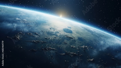  a view of the earth from space, with clouds and a bright light shining in the middle of the picture.