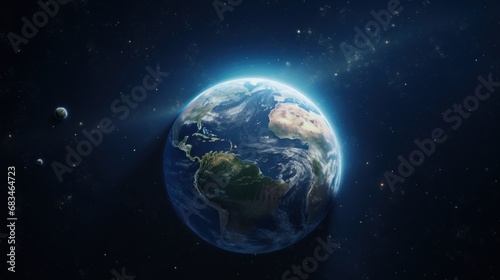  a view of the earth from space, with the sun in the middle of the image and the moon in the background.