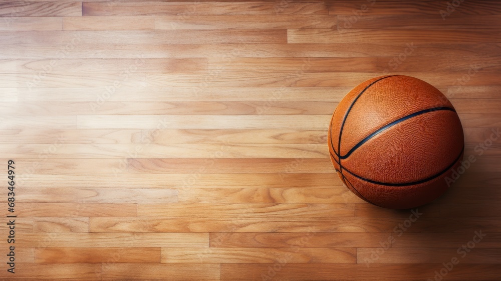 Fototapeta premium an overhead view of a basketball sitting on a hardwood floor with a light shining on the floor and the basketball in the middle of the floor.