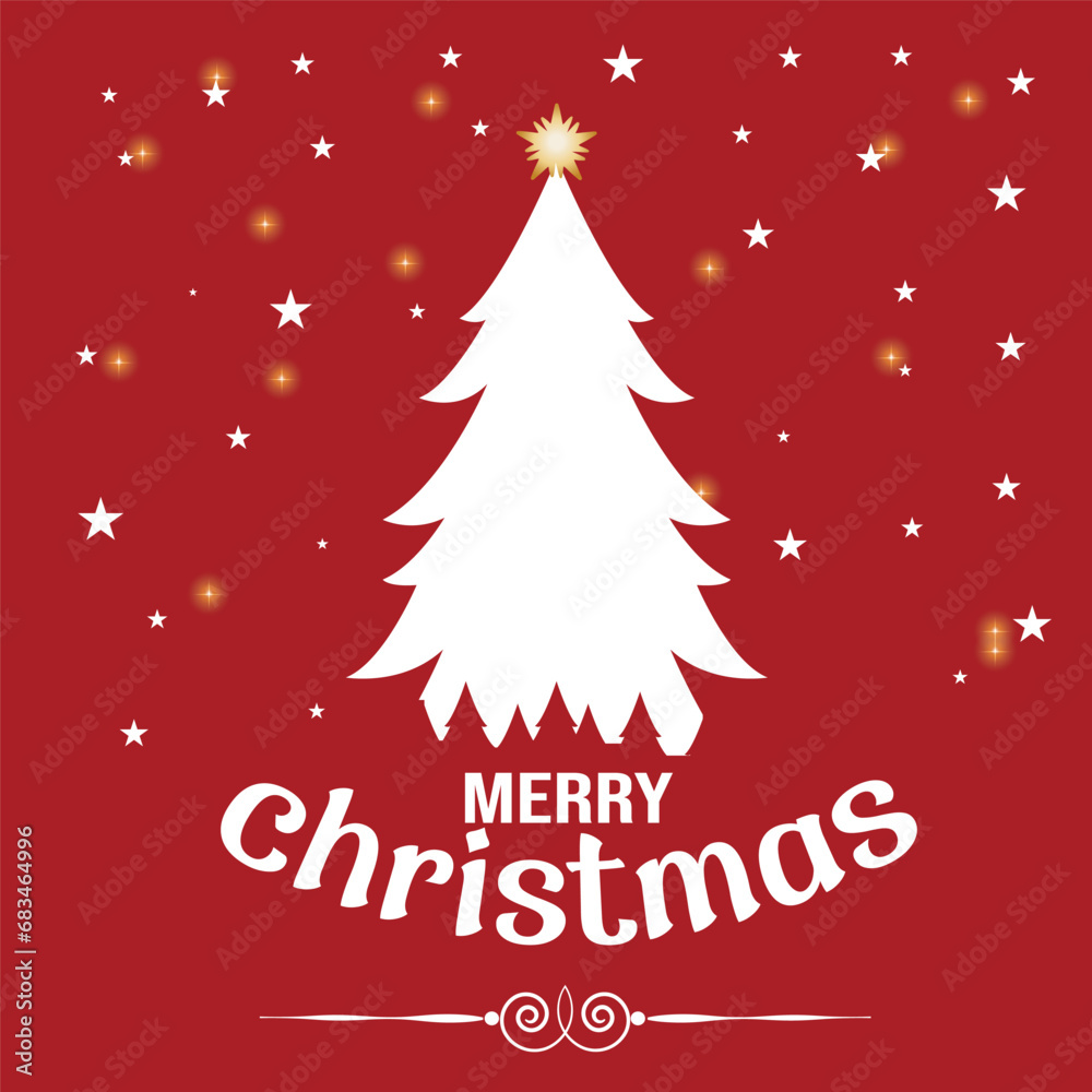 Christmas Banner. Xmas Decorative Design with Christmas Tree, Gifts, Balls, Star, Pine Cone and Lights used in Greeting Card with Merry Christmas Typography Lettering Message.