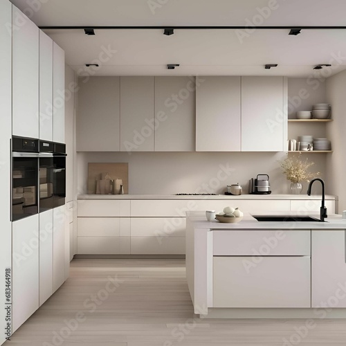 Modern Contemporary Kitchen in White and Cream Palette - 3D Render