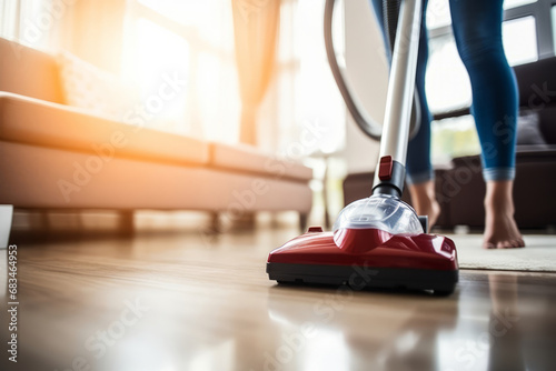 Woman using vacuum cleaner in a bright cozy room at home. Generative AI