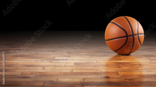  a close up of a basketball on a hard wood floor with a black back ground and a black wall in the background. © Anna
