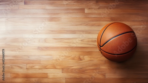  an overhead view of a basketball sitting on a hardwood floor with a light shining on the floor and the basketball in the middle of the floor. © Anna