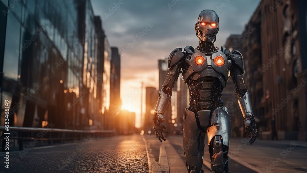 knight in the city cyborg with ripped flesh revealing robot under human skin,   