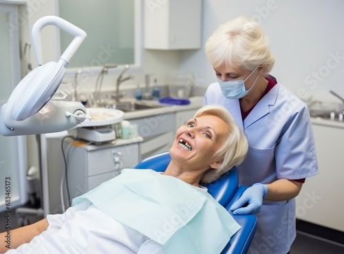 An elderly woman without front teeth sits in a dental chair at a dentist appointment in a clinic.