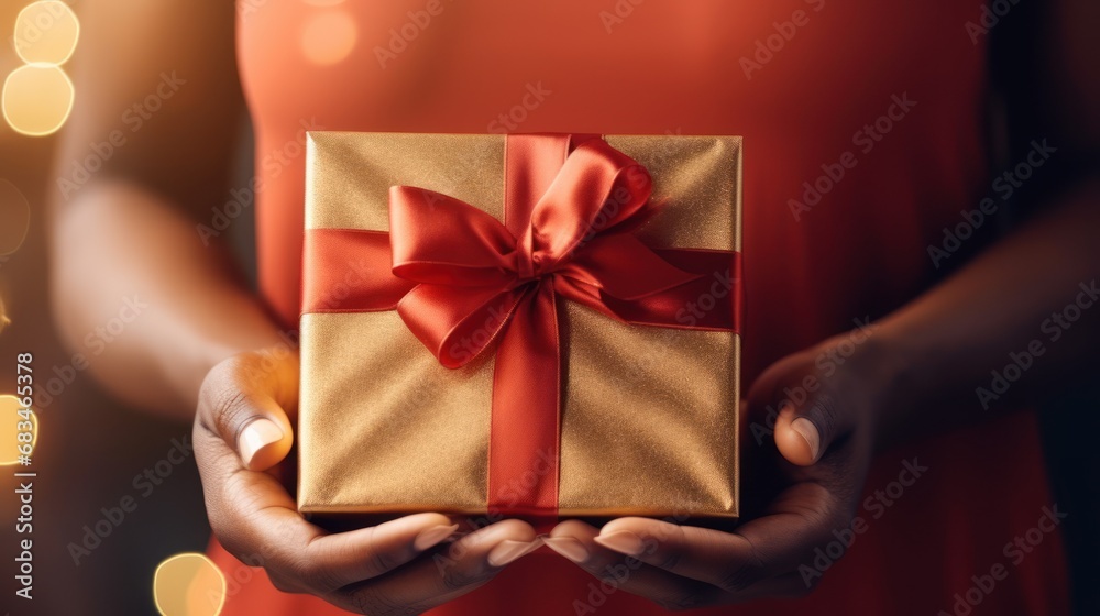  a woman holding a gift wrapped in gold paper with a red ribbon and a bow on the top of it.