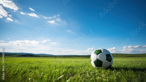  a soccer ball sitting in the middle of a field of green grass with a blue sky and clouds in the background. © Anna