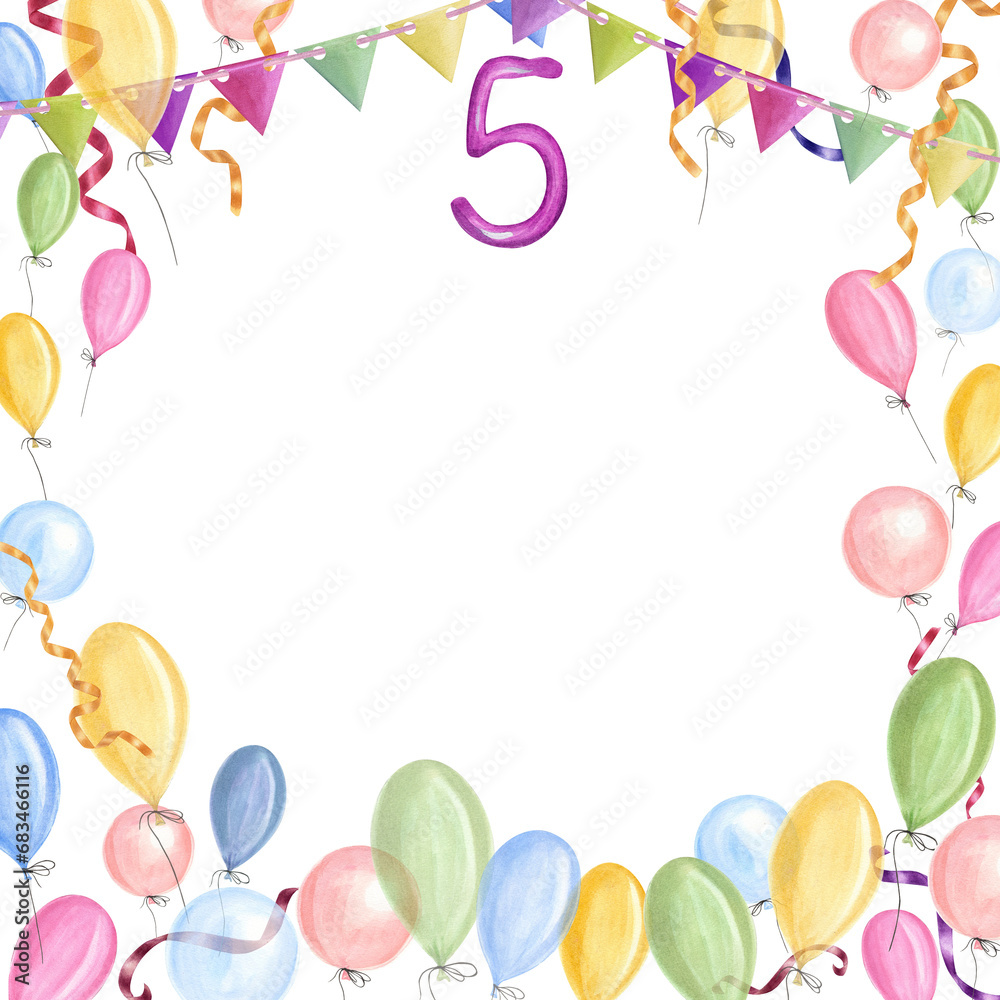 Five year anniversary greeting card. Multicolor ribbons, flag garlands, balloons. Bright square frame. Copy space for text. Watercolor illustration for greeting cards, invitation, holidays