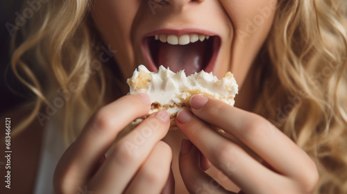 woman eating a cake with cream extremely closeup