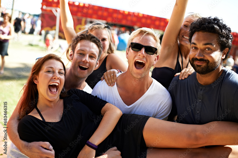 Festival, summer portrait and excited people, friends or carnival party energy, smile or holiday vacation together. Community freedom, shout or young group at social event, outdoor concert or reunion Festival, summer portrait and excited people, friends or carnival party energy, smile or holiday vacation together. Community freedom, shout or young group at social event, outdoor concert or reunion