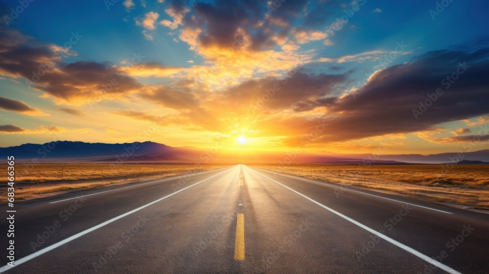  the sun is setting over the horizon of a road in the middle of an open field with mountains in the distance.