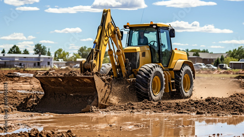 Backhoe digging soil on construction site and making foundation.

 photo