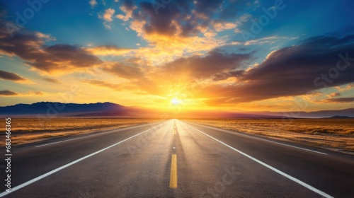  the sun is setting over the horizon of a road in the middle of an open field with mountains in the distance.