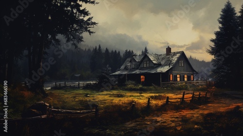 House forest cabin woods lake photography picture Ai generated art