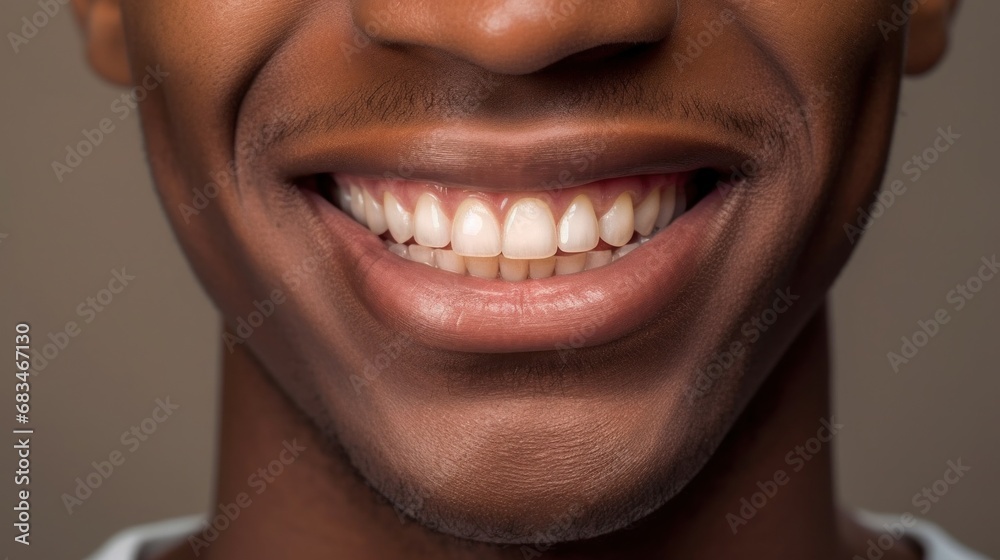 Fototapeta premium A man stands in front of a neutral studio background, his happy expression highlighted by a perfect set of white teeth.