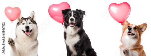 Set of happy dog drawings holding heart-like balloons, great for Valentine’s Day or special events. Isolated on Transparent Background, PNG