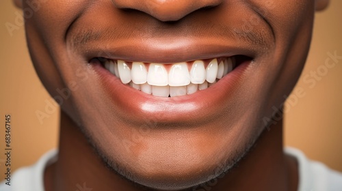 In a studio with a light beige background, a joyous man showcases his perfect teeth with a big smile.